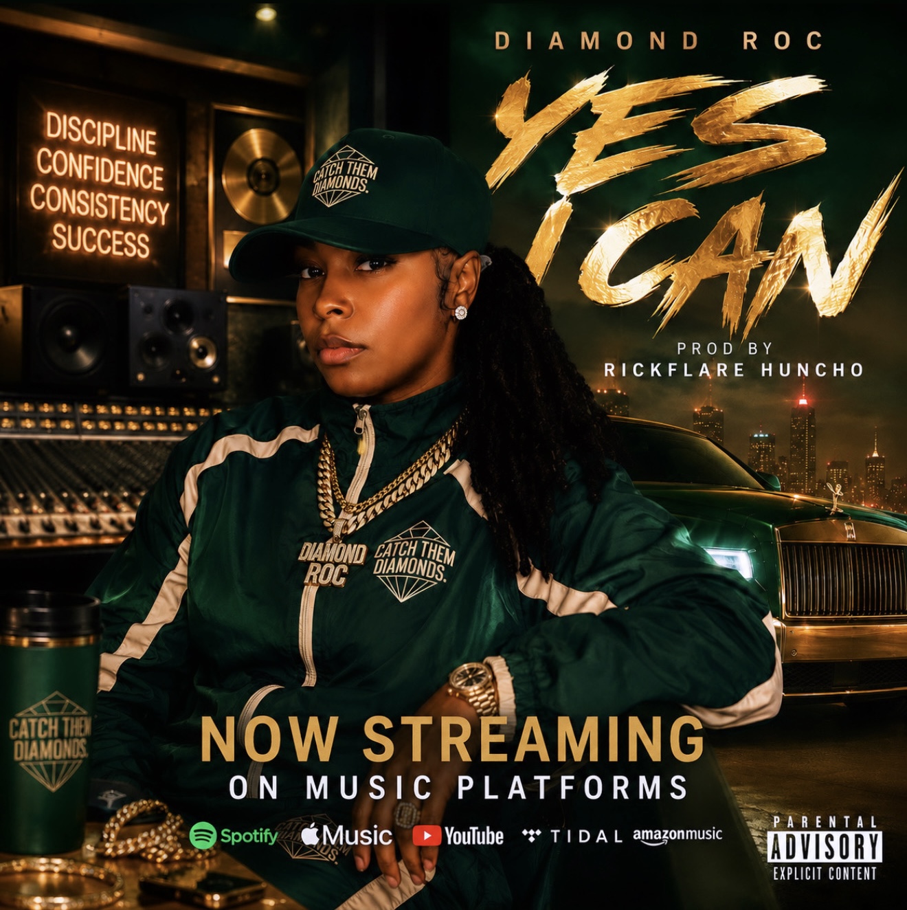 Woman in a green jacket and cap, jewelry, in a music studio with a car and city lights background, promoting her song 'Yes I Can'.