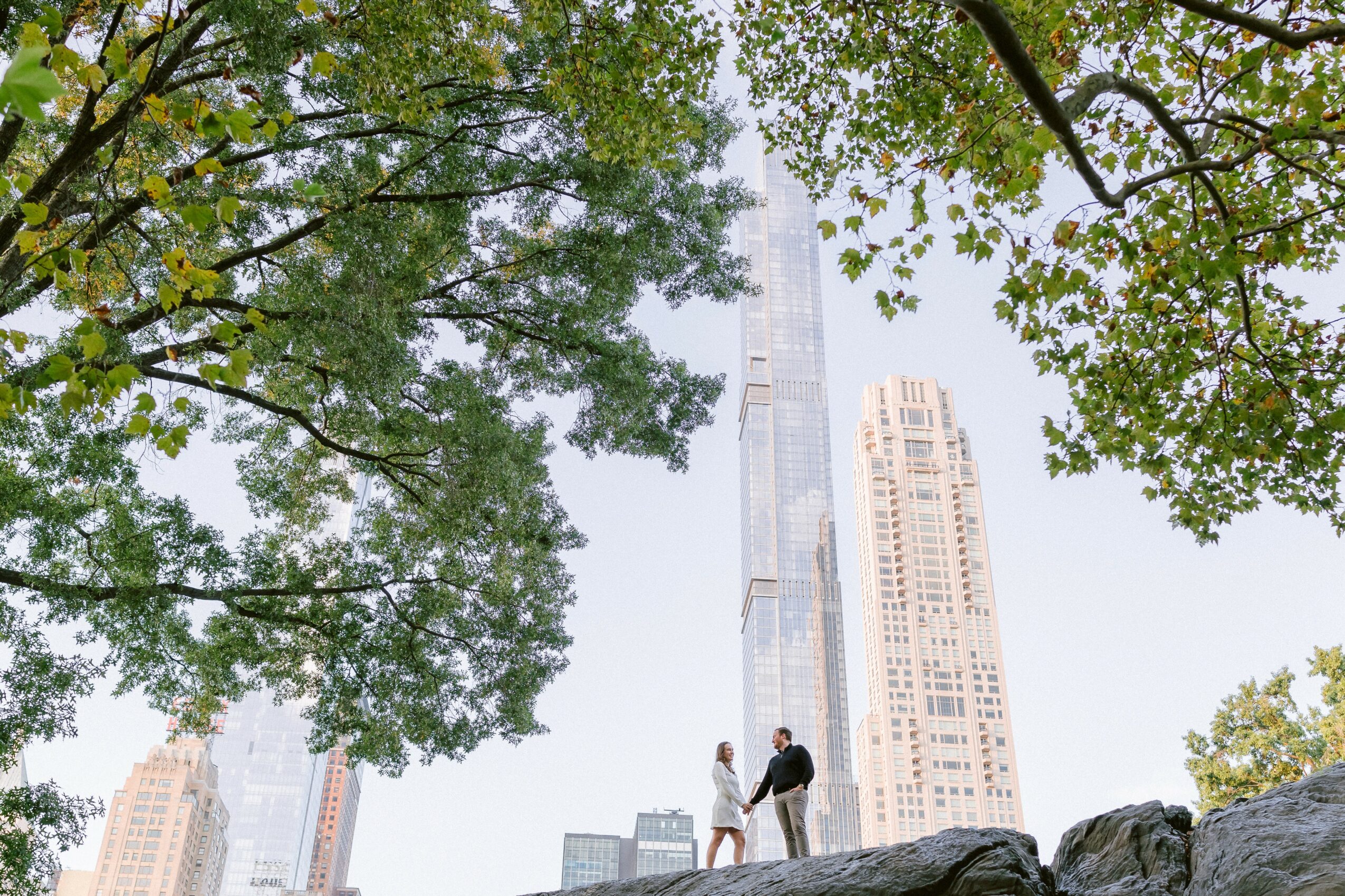 Two people holding hands in a park with tall skyscrapers in the background, framed by green tree branches.