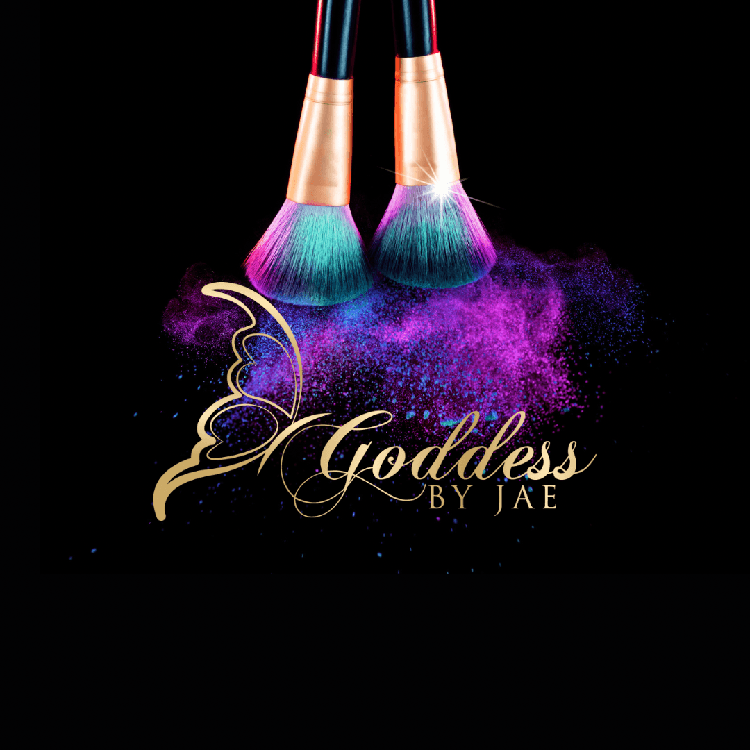 Two makeup brushes with colorful powder, a butterfly outline, and the text 'Goddess by JAE' on a black background.