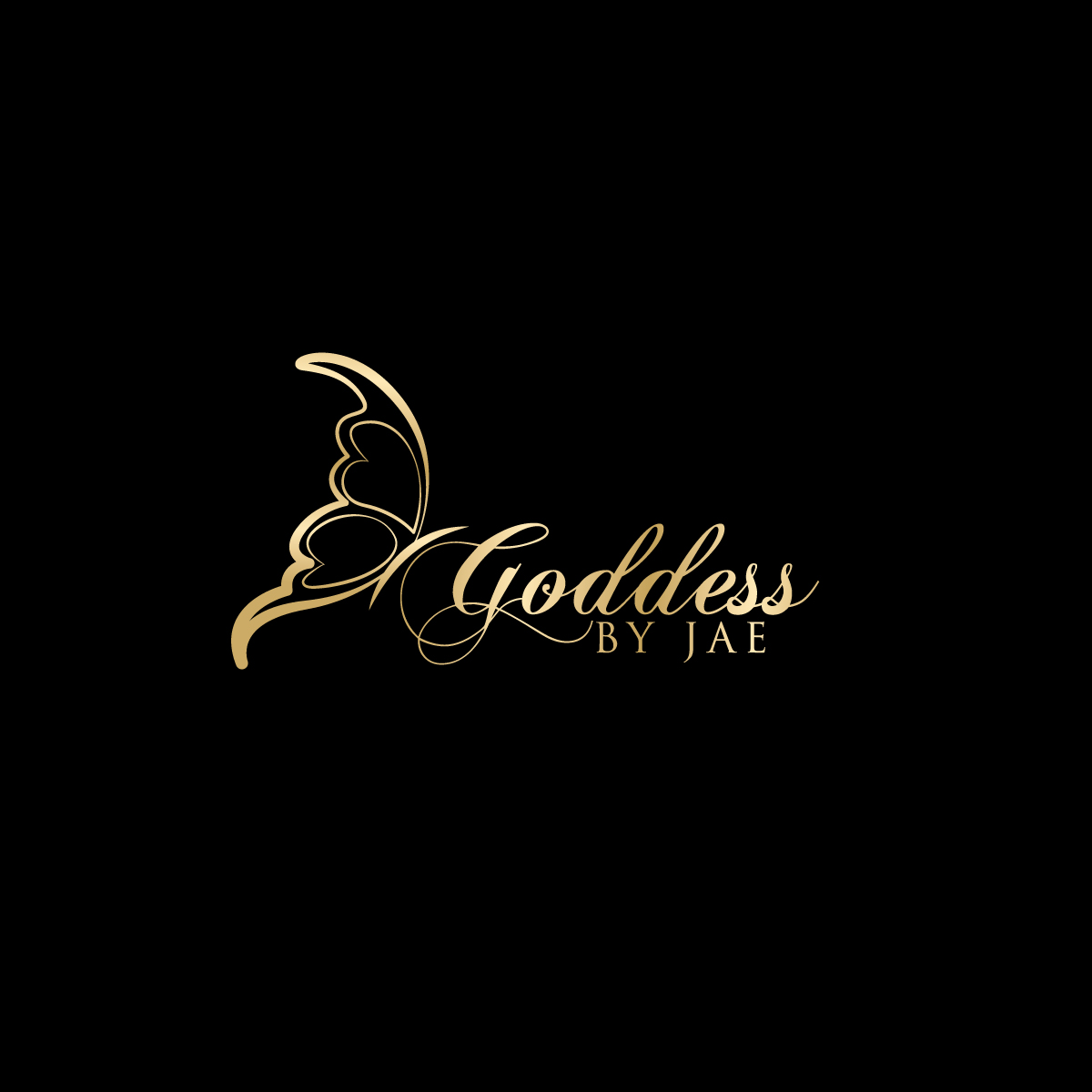 Gold butterfly and text on black background, reading 'Goddess by Jae'.