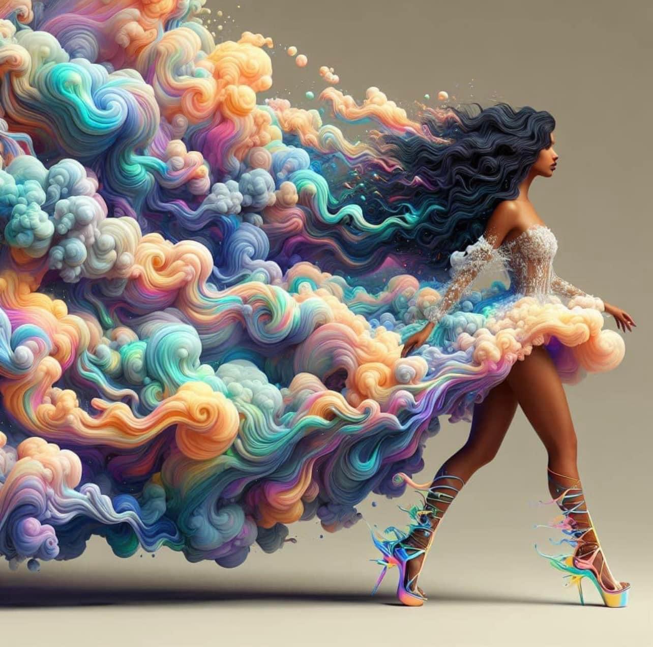 Woman with long, colorful, cloud-like hair flowing behind her, wearing a dress and high-heeled shoes, walking sideways.