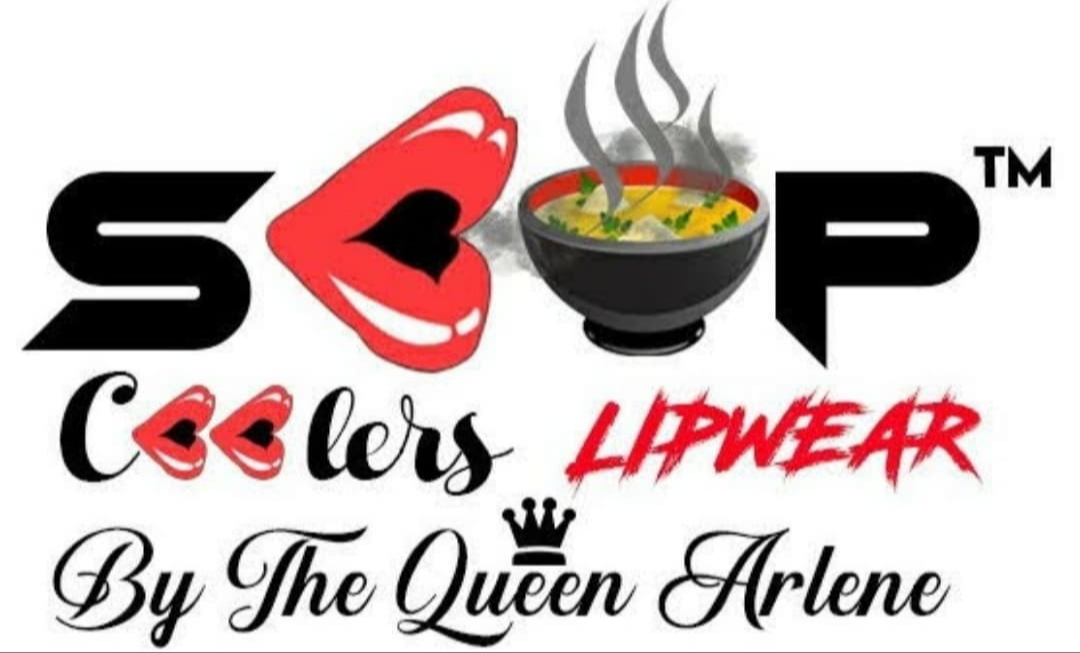 Logo with stylized text, lips, steaming bowl, and additional text elements, including a crown and cursive writing.