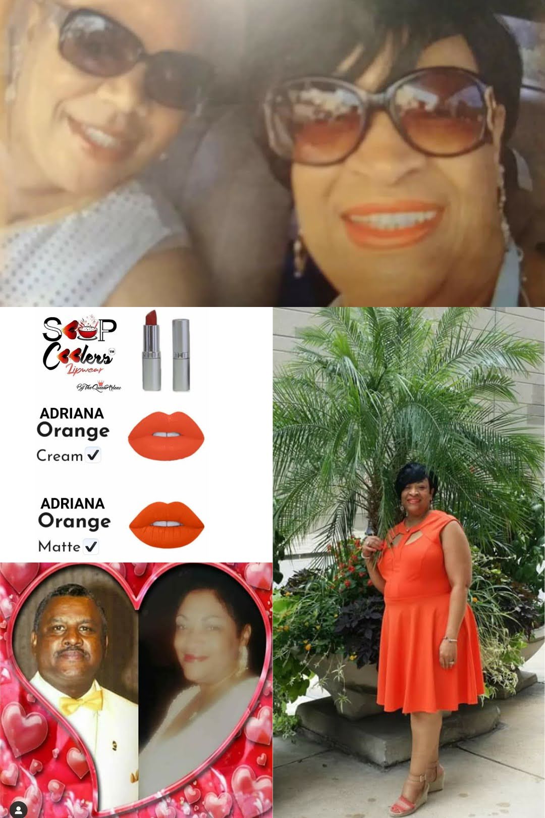 Two women smiling, one wearing sunglasses and the other with bright lipstick, in a close-up selfie. A woman in an orange dress standing outdoors near plants. Two people in a heart-shaped frame, one in a yellow shirt and the other blurred. Lipstick product images with orange shades and labels. Alt text word count: 44, confidence: 0.9