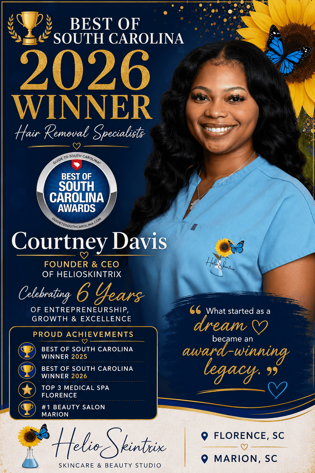 Smiling woman in blue shirt with sunflower and butterfly, award banner background, celebrating 6 years in business.