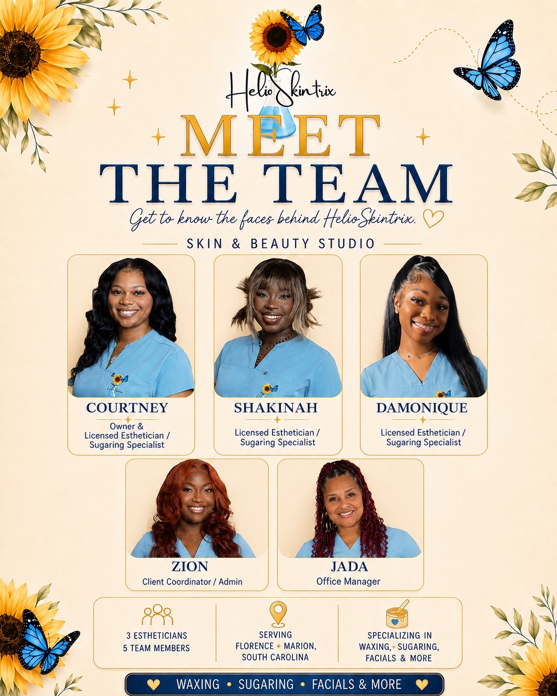 Flyers for a beauty studio featuring five women, butterflies, sunflowers, and text about team members and services.
