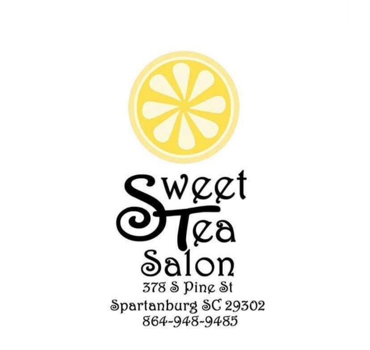 Logo with a lemon slice above the text 'Sweet Tea Salon' and address details.