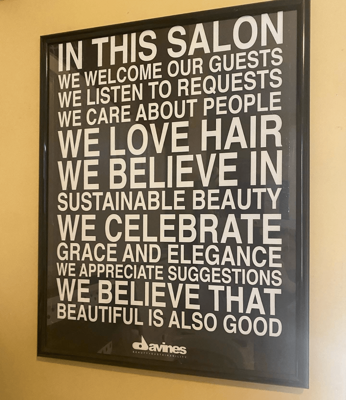 A framed sign with salon values, including welcoming guests, listening, caring, loving hair, believing in beauty, celebrating grace, and elegance.