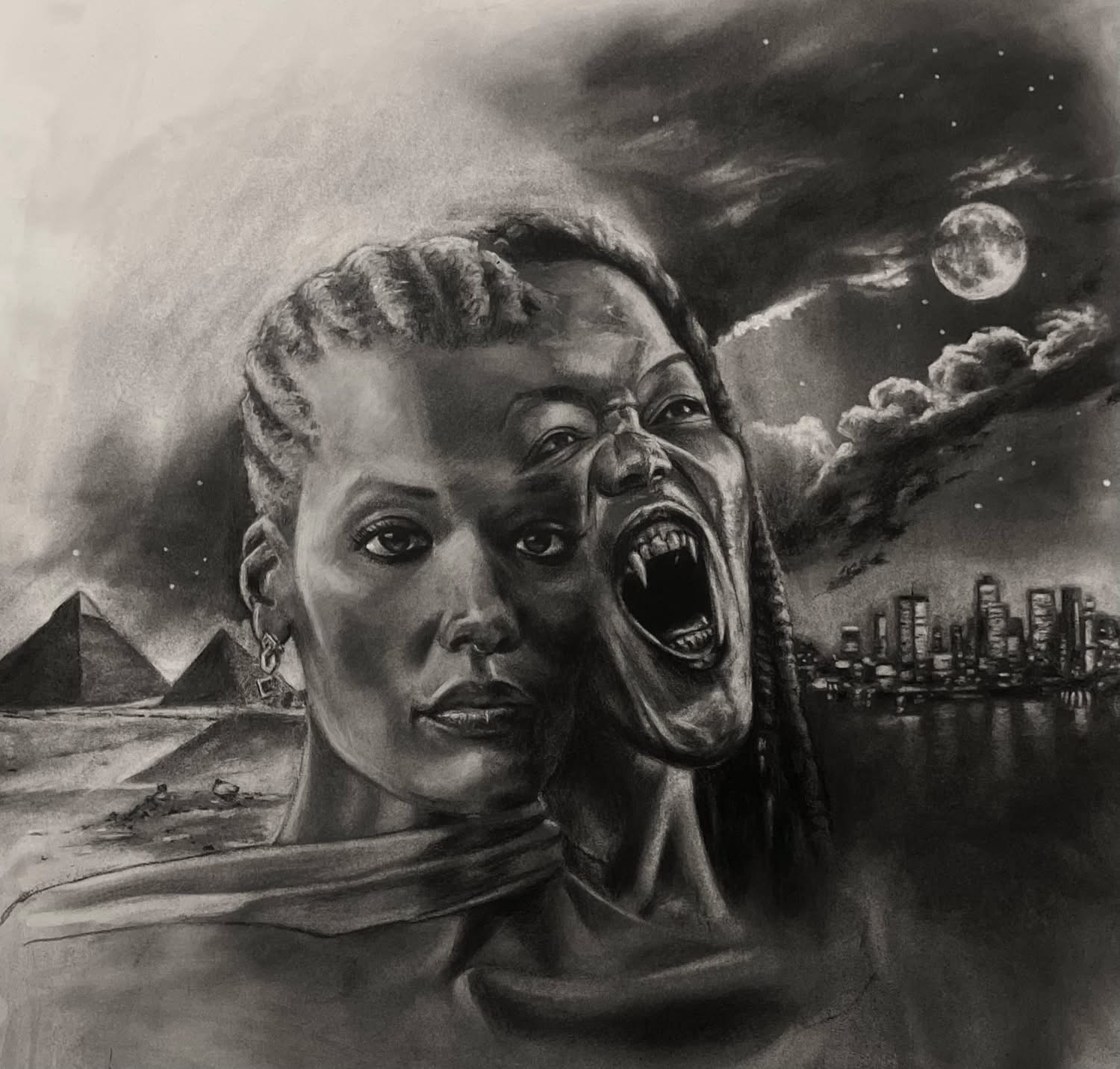 Black and white artwork of two women with a city skyline, pyramids, moon, and clouds in the background, one woman screaming.