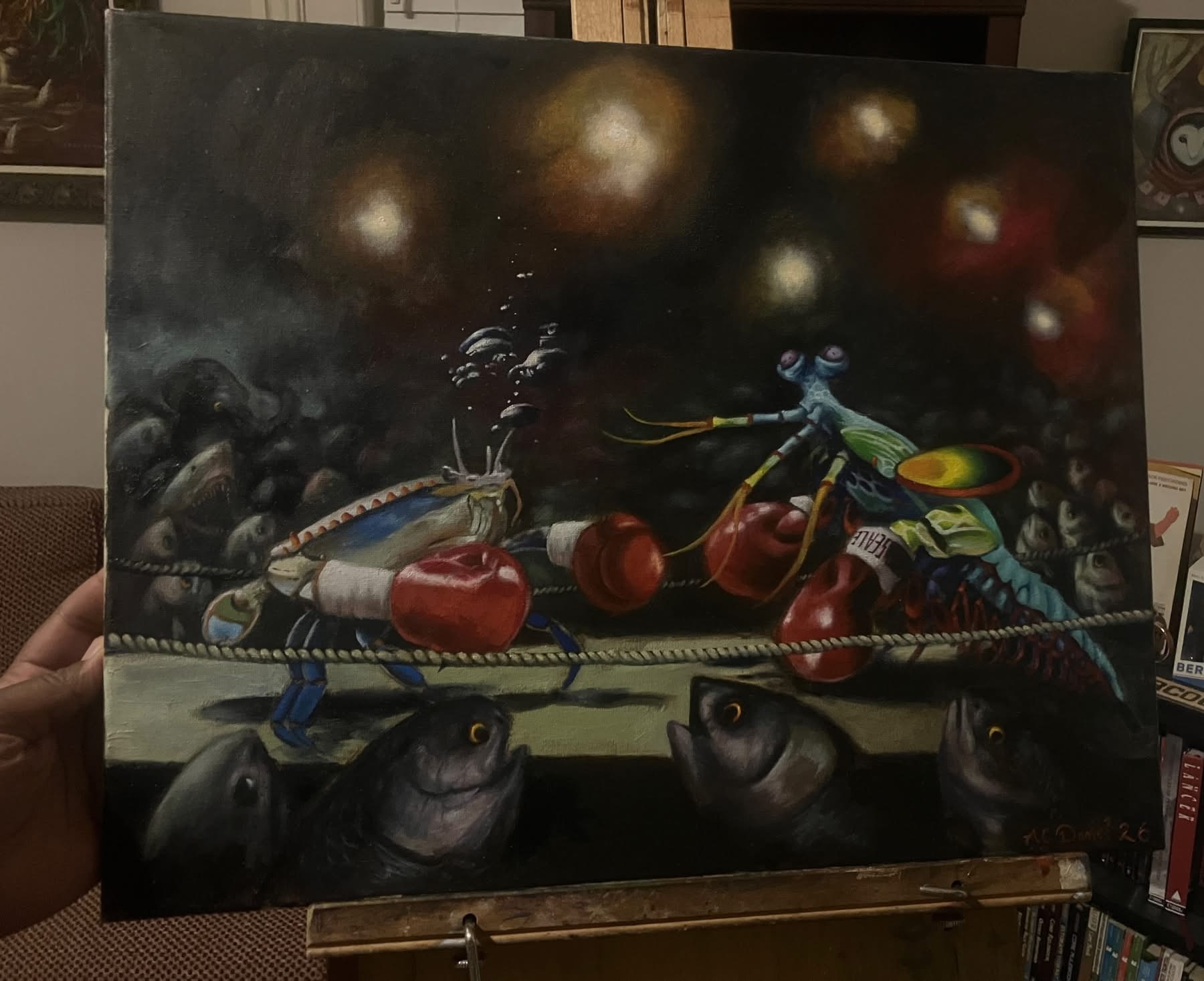 Painting depicts a surreal scene with fish, fishing gear, and glowing orbs in a dark background.