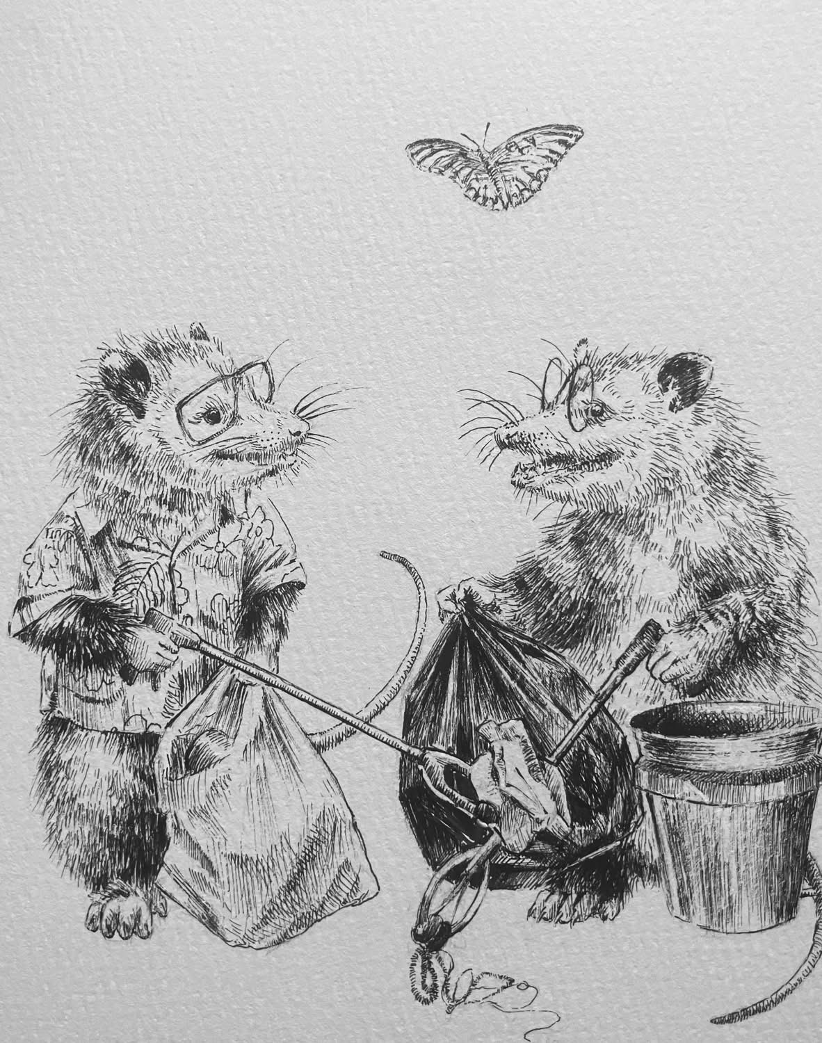 Two anthropomorphic mice with glasses and clothing, one holding a fishing rod, the other with a bucket, a butterfly flies above.