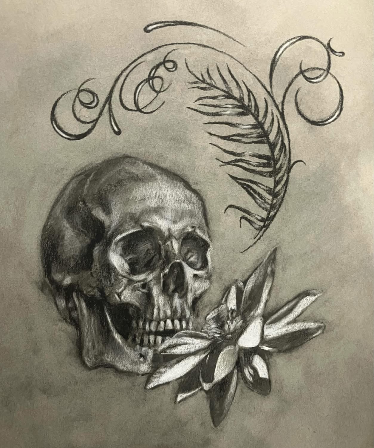 Skull with a flower and decorative swirling lines above, drawn in pencil on paper.