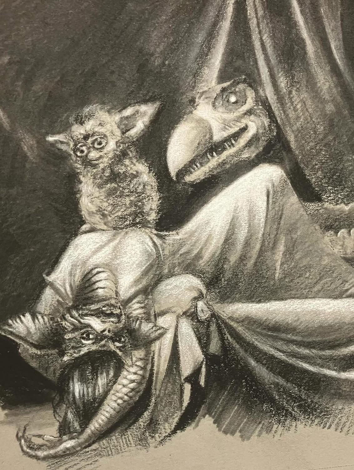 A surreal scene with a creature having a large eye and a beak, a small furry animal, and a cat on a draped surface.