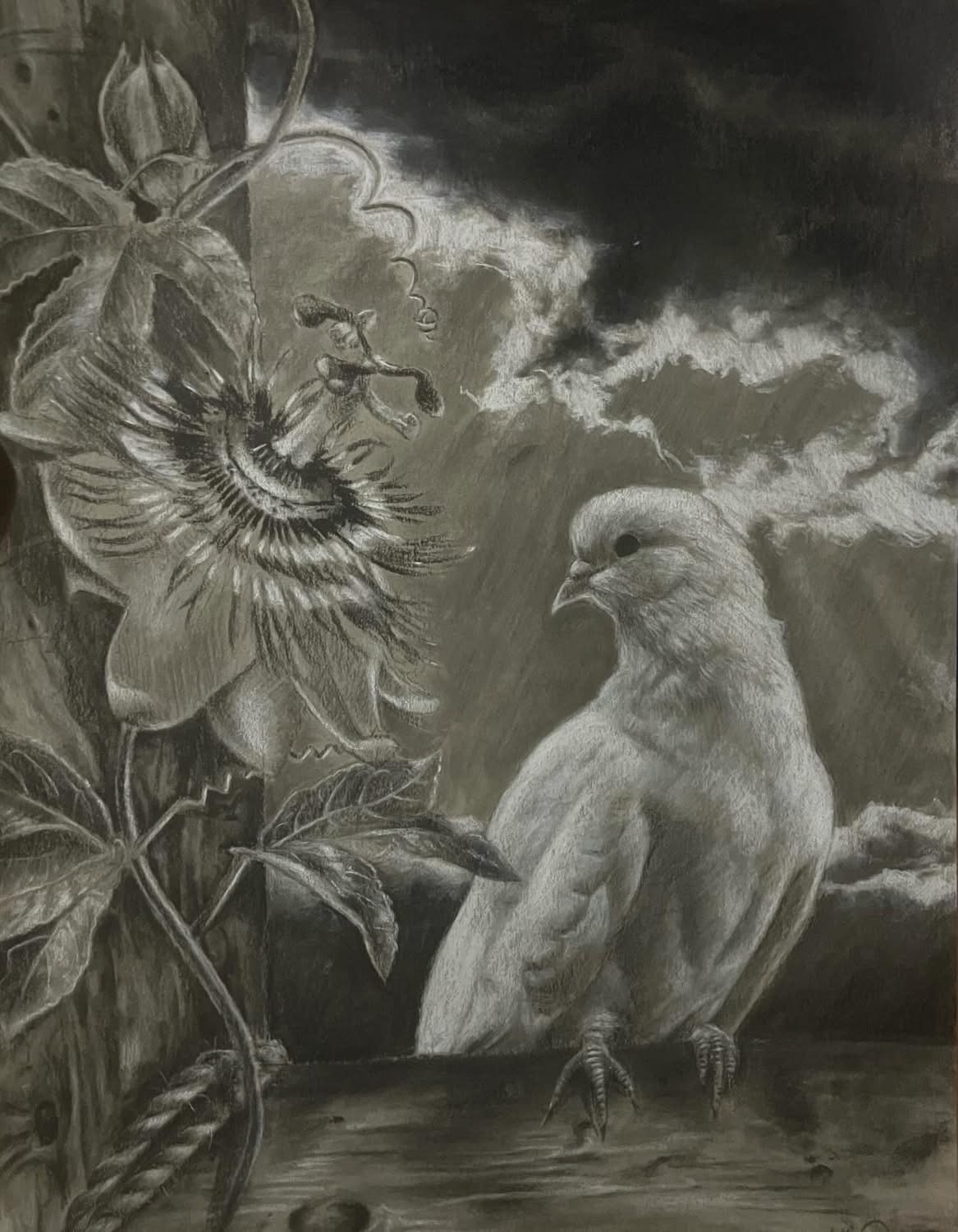 A detailed black and white drawing of a bird with a large flower and leaves, cloudy sky in the background.