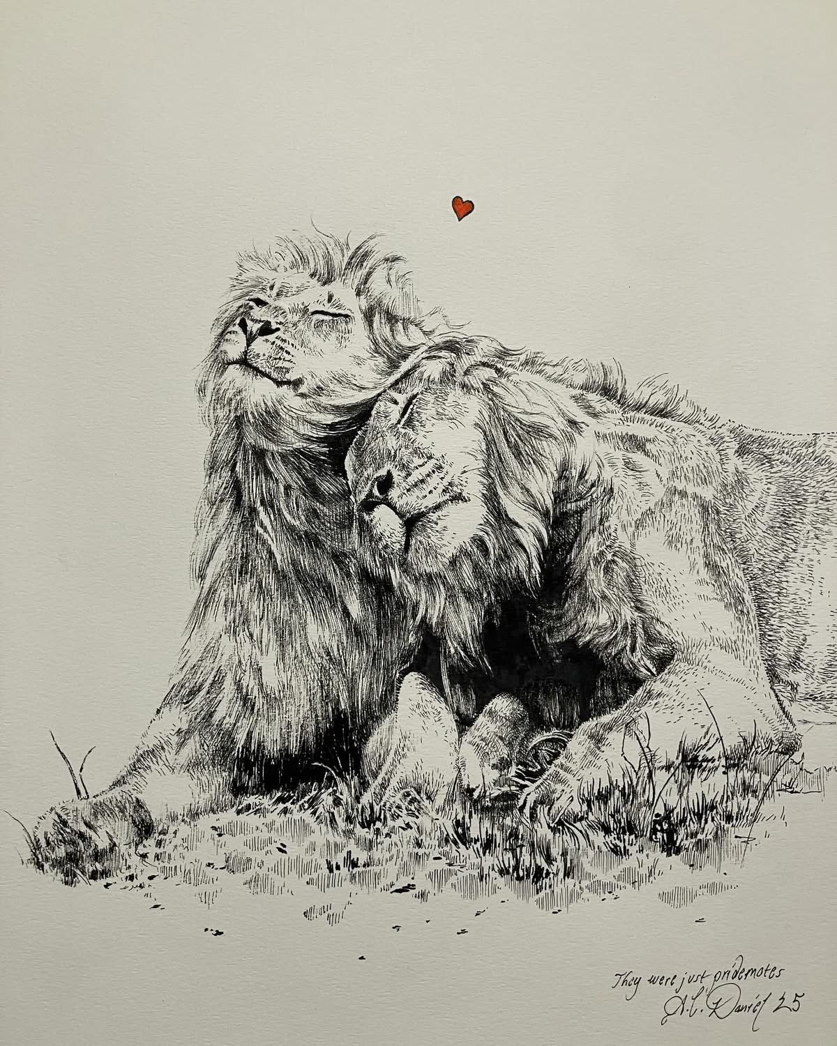 Two lions resting together with a small red heart above them, detailed pencil sketch, minimal background, peaceful scene.