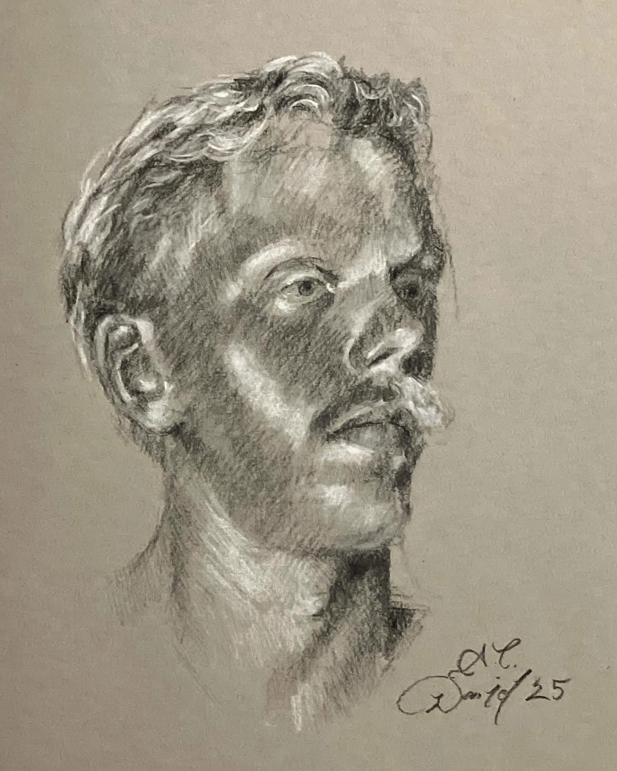 Pencil sketch of a man's face in profile with detailed shading, signature, and date.