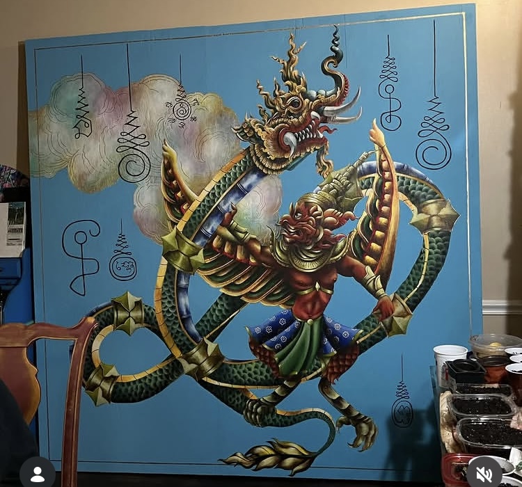 A colorful, mythical creature with multiple limbs and a dragon-like head, set against a blue background with clouds.