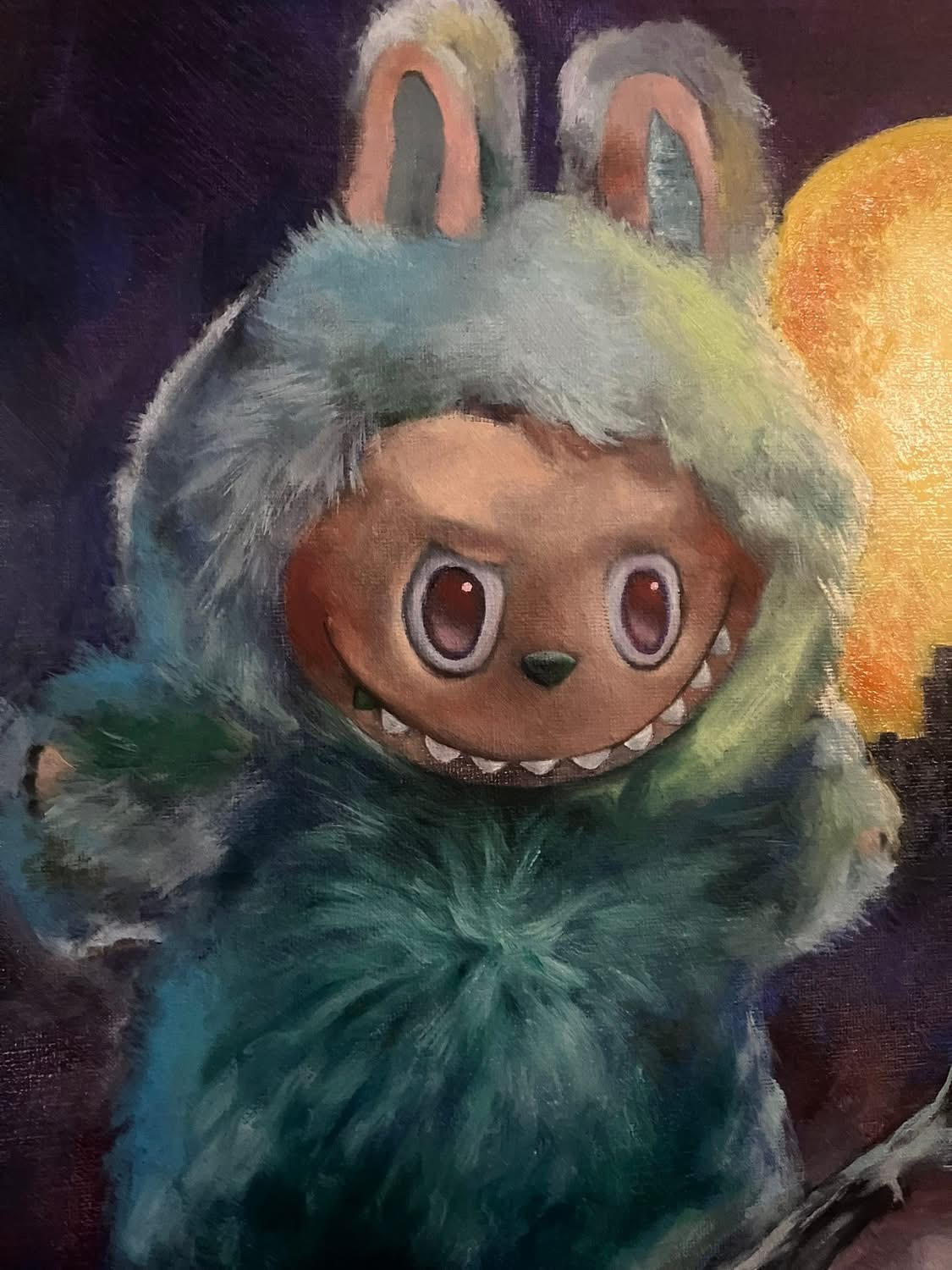 A creature with a furry costume, large eyes, and bunny ears, standing in front of a glowing moon.