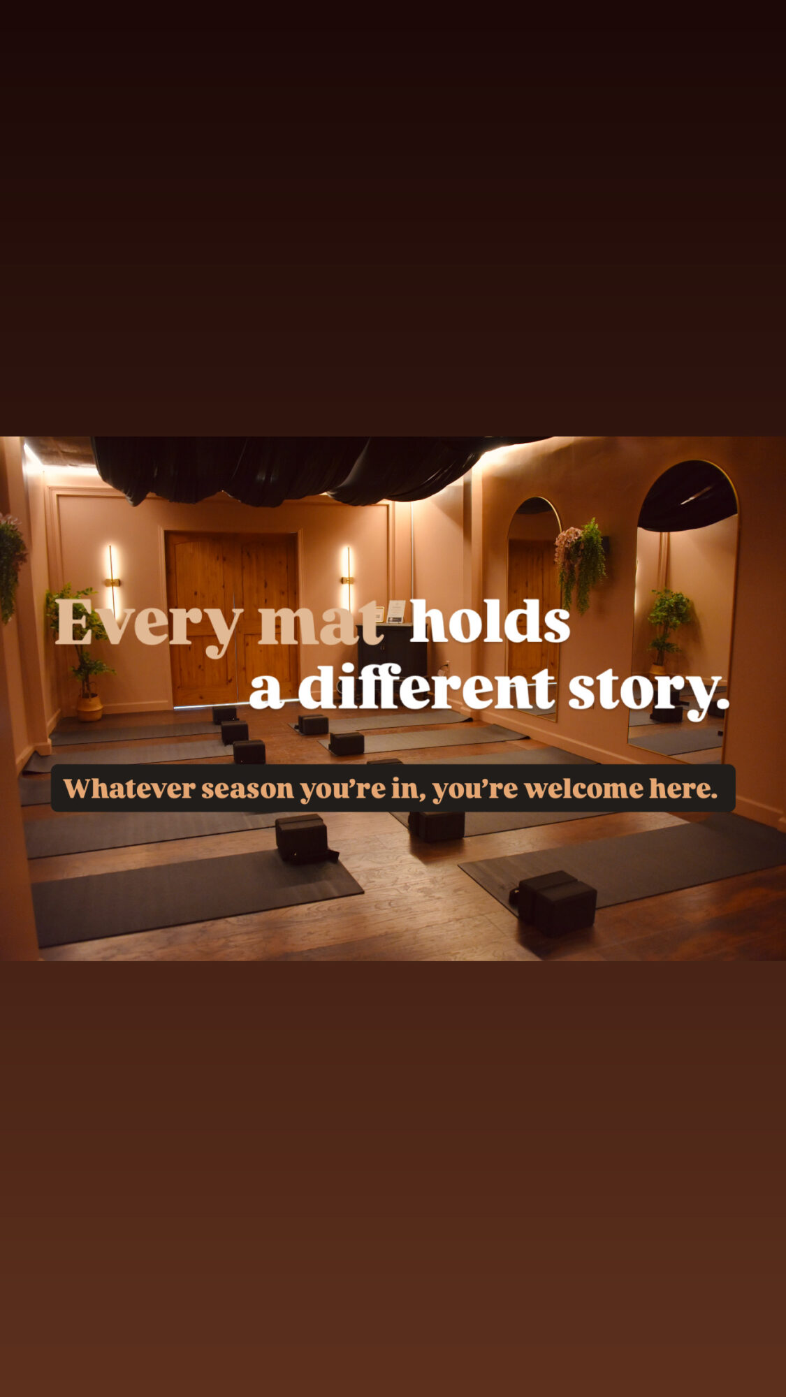 Interior of a dimly lit room with a large mirror, plants, and seating area, with text overlay about seasons and stories.