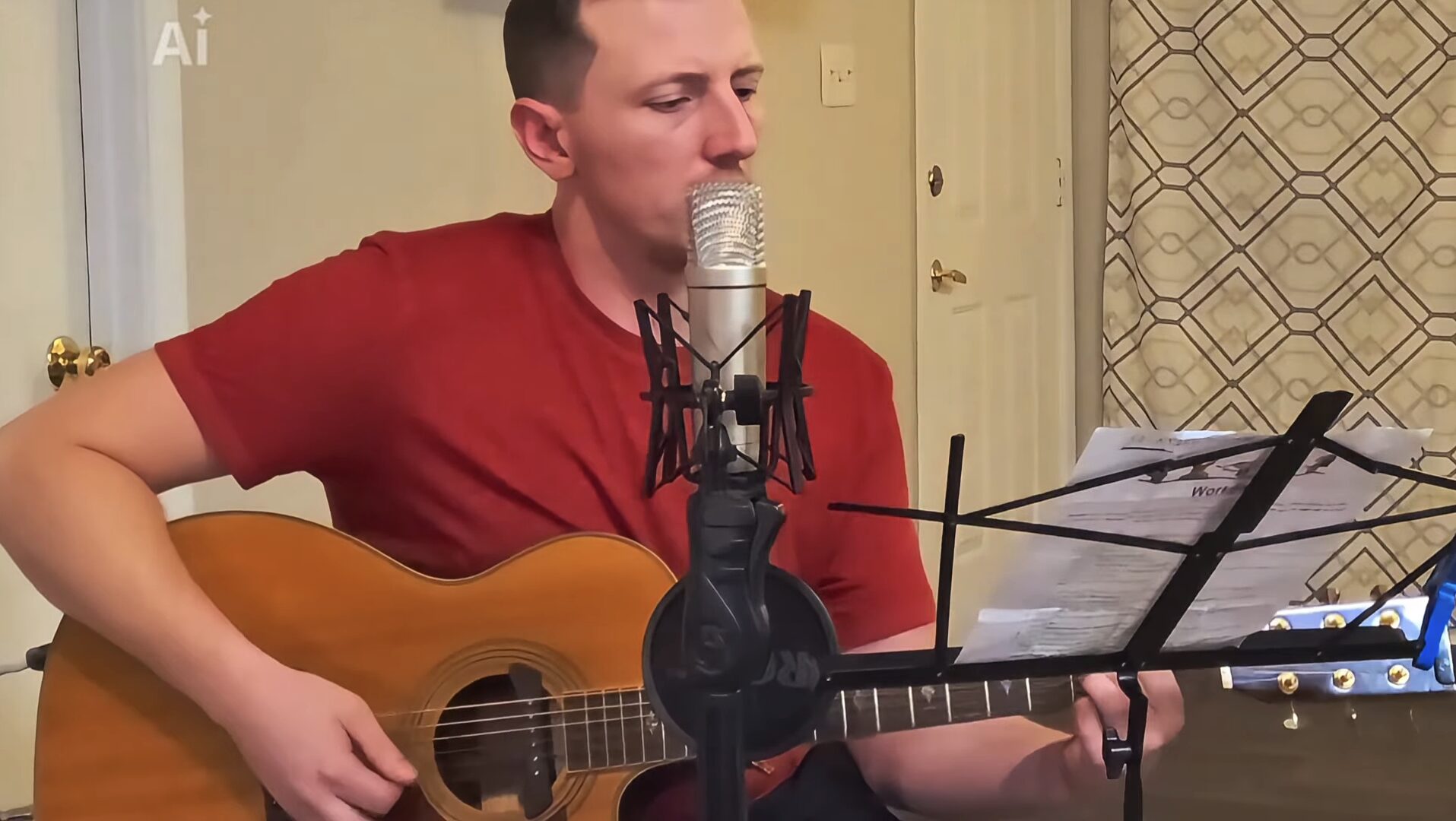 Person in a red shirt plays an acoustic guitar and sings into a microphone beside a music stand.