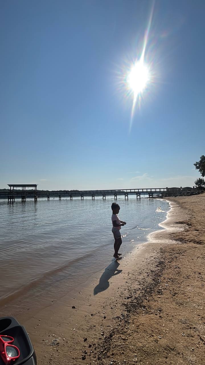 A person stands at the water's edge on a sandy beach, with a long pier and bright sun overhead.